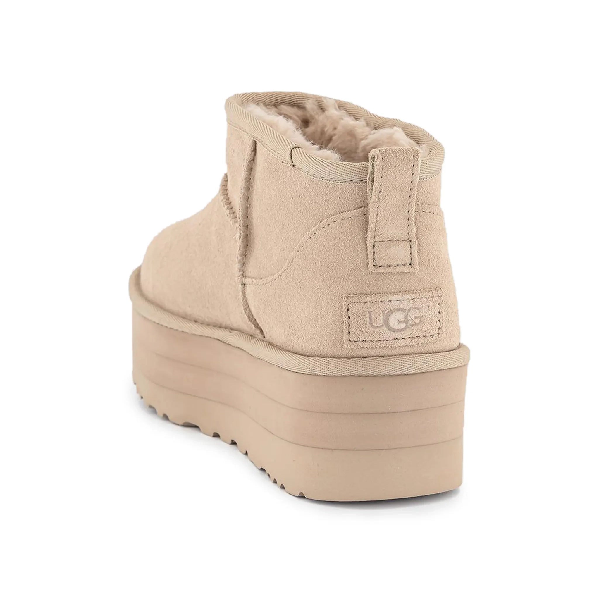 Back view of UGG Classic Ultra Mini Platform Sand (W) 1135092-SNDT
